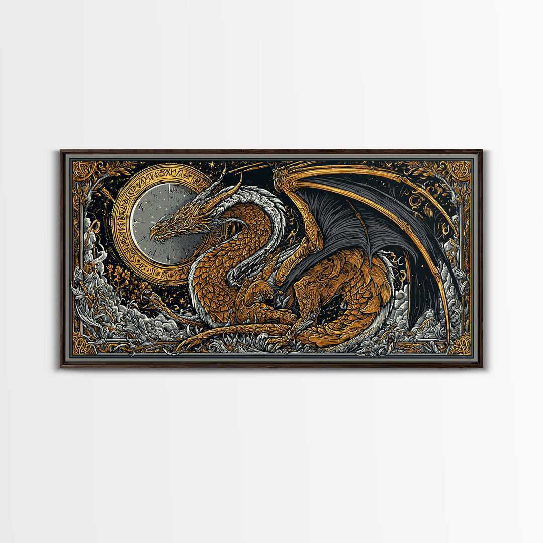 Nidhogg Dragon Canvas Gold Art Canvas Art Norse Mythology Wall Decor with Real Wood Frame, Viking Man Cave or Office Gift