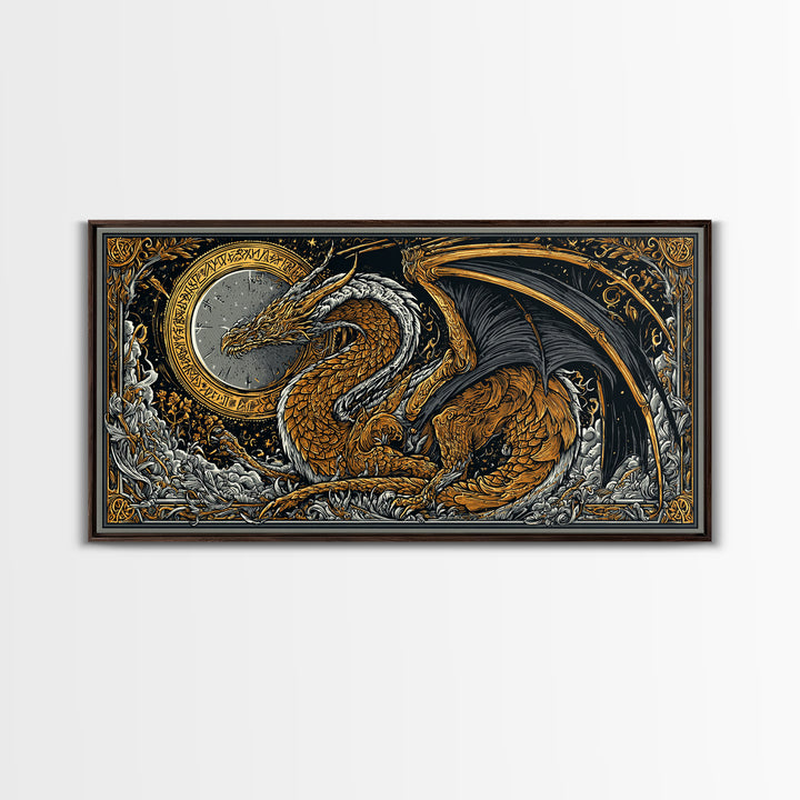 Nidhogg Dragon Canvas Gold Art Canvas Art Norse Mythology Wall Decor with Real Wood Frame, Viking Man Cave or Office Gift