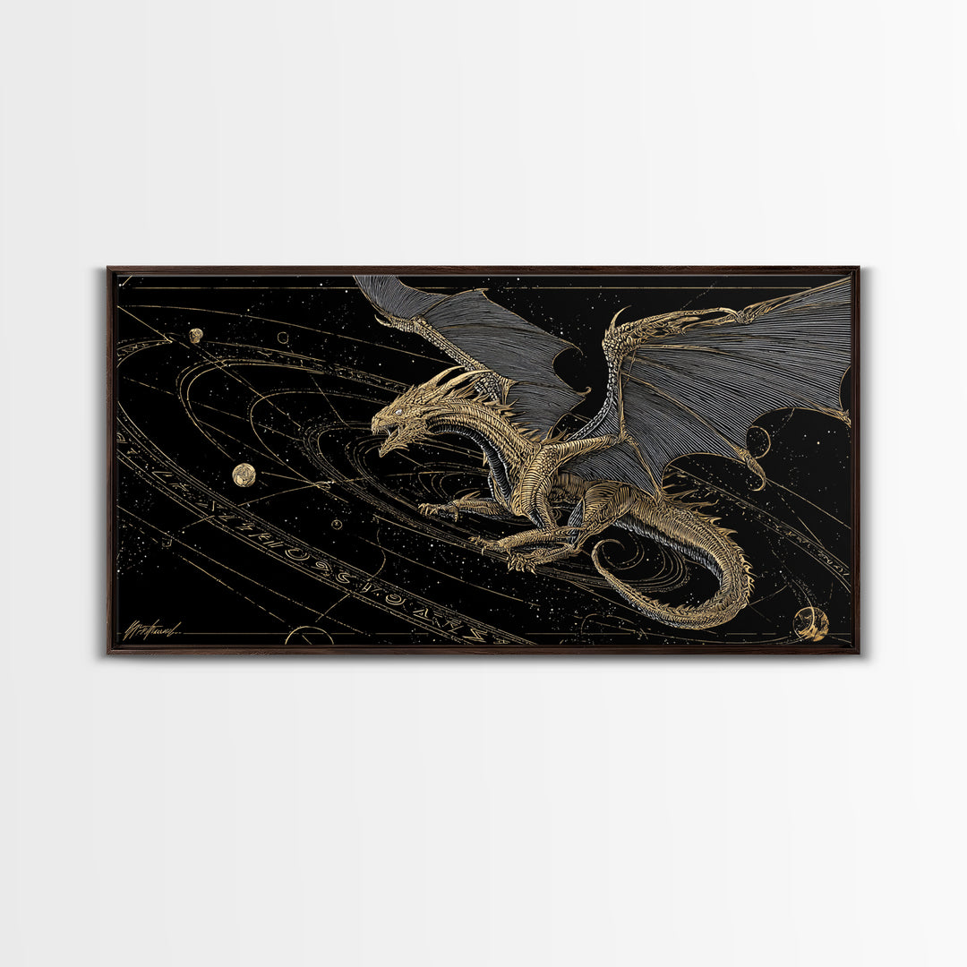 Cosmic Norse Dragon Canvas Gold Art Canvas Art Wall Decor, Nordic Mythology Gift for Office or Man Cave, Natural Wood Frame