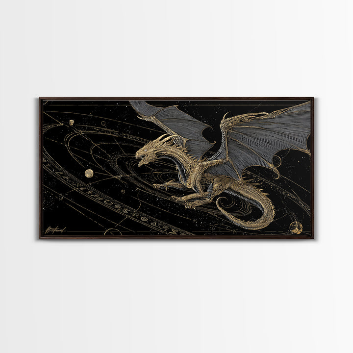 Cosmic Norse Dragon Canvas Gold Art Canvas Art Wall Decor, Nordic Mythology Gift for Office or Man Cave, Natural Wood Frame