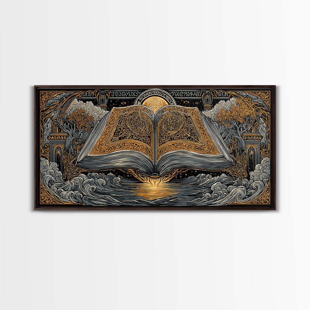 Poetic Edda Book Canvas Gold Art Canvas Art Norse Mythology Wall Decor with Real Wood Frame, Viking Office or Dad Gift Artwork