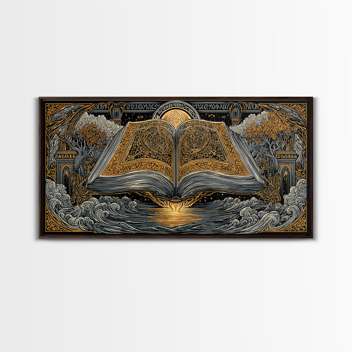 Poetic Edda Book Canvas Gold Art Canvas Art Norse Mythology Wall Decor with Real Wood Frame, Viking Office or Dad Gift Artwork