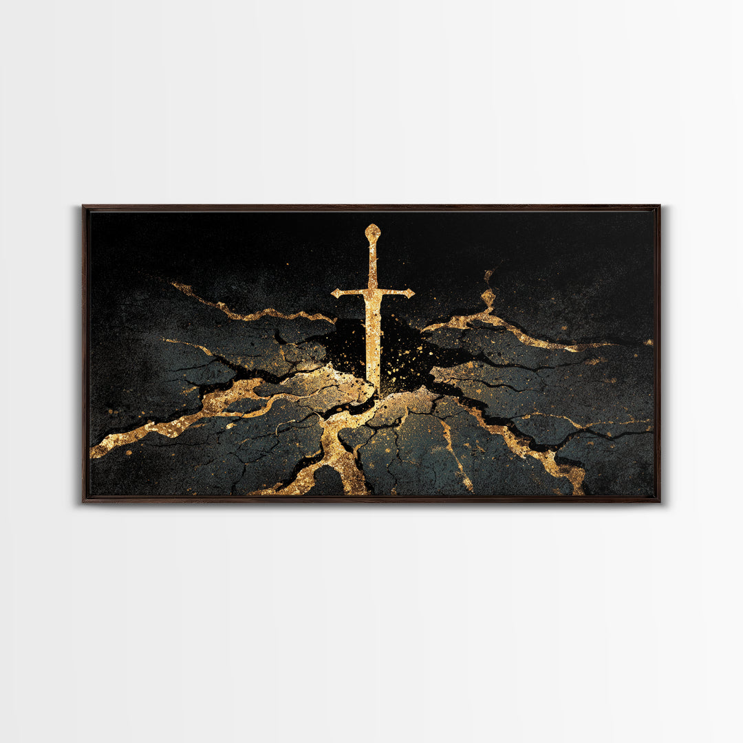 Sword of Ragnarok Canvas Gold Art, Nordic Mythology Canvas Art Wall Decor, Viking Office Art framed in natural wood for men’s spaces