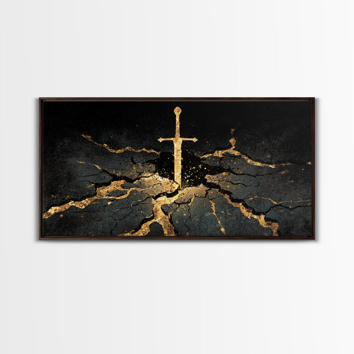 Sword of Ragnarok Canvas Gold Art, Nordic Mythology Canvas Art Wall Decor, Viking Office Art framed in natural wood for men’s spaces