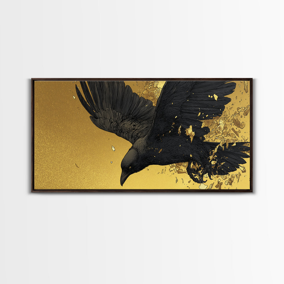 Odin’s Raven Huginn Canvas Gold Art Canvas Art Norse Mythology Wall Decor with Natural Wood Frame, Man Cave or Office Gift