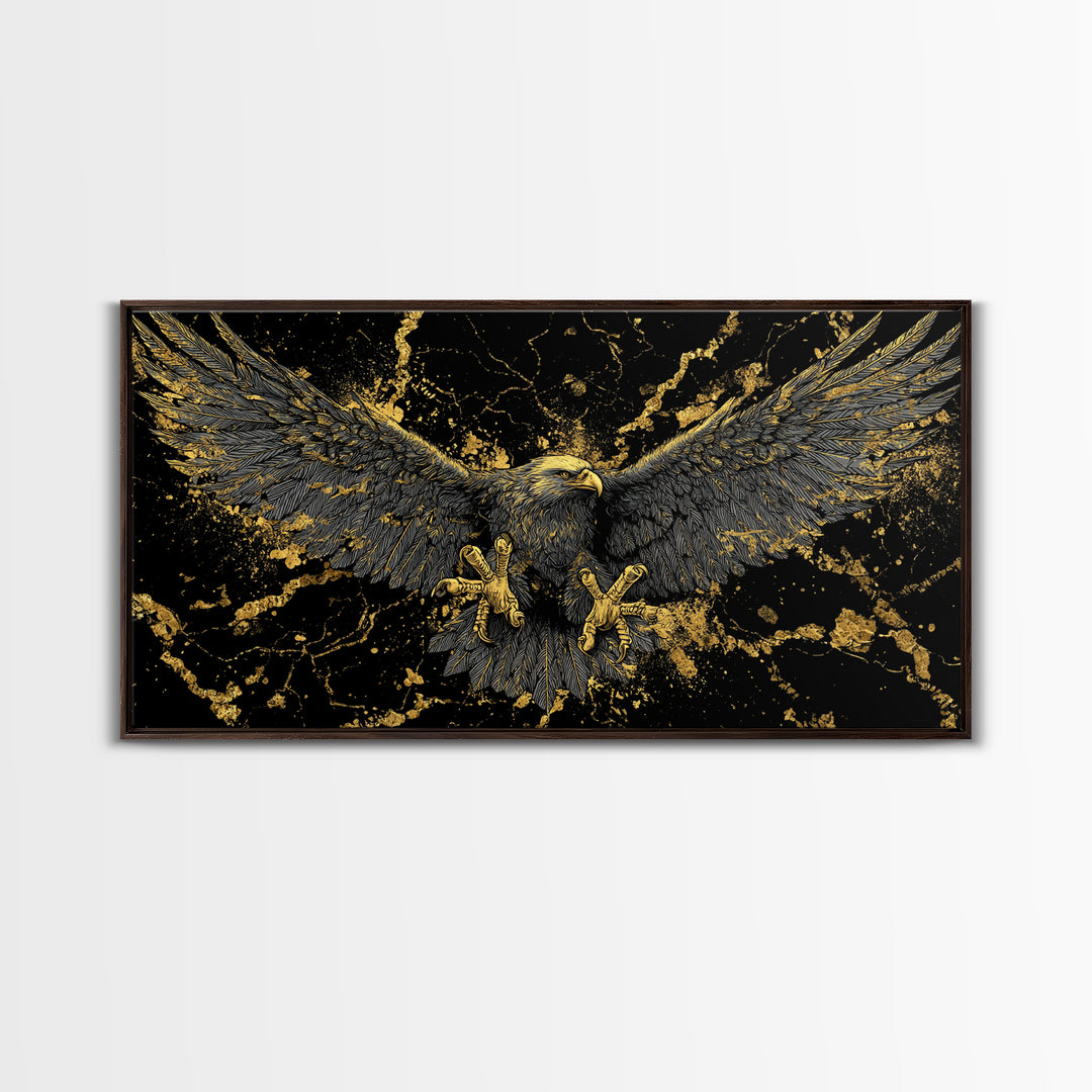 Odin’s Golden Eagle Canvas Gold Art, Norse Mythology Canvas Art Wall Decor, Viking Office Art framed in wood, bold masculine design