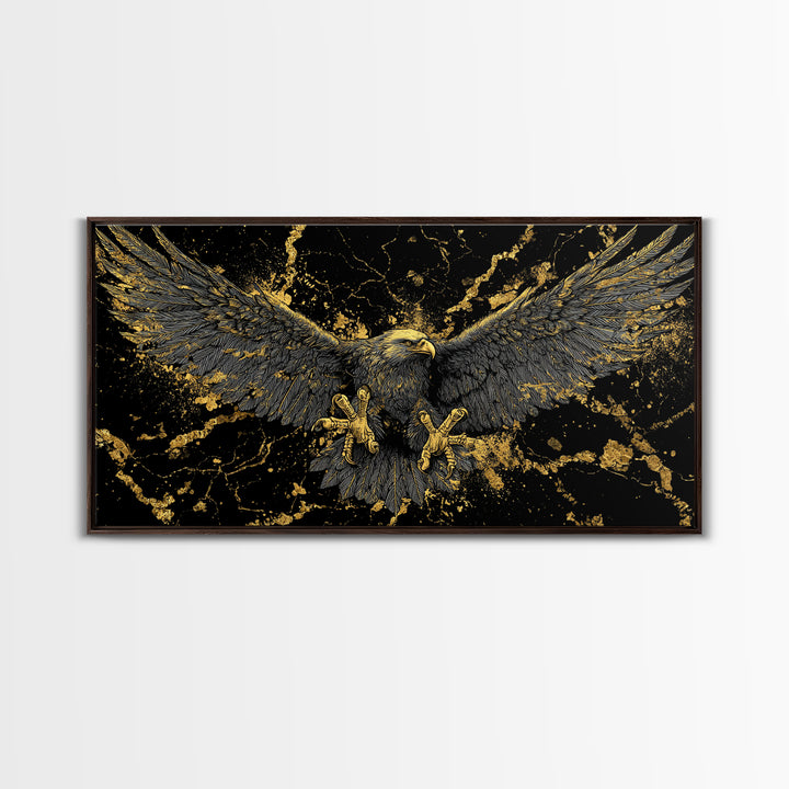 Odin’s Golden Eagle Canvas Gold Art, Norse Mythology Canvas Art Wall Decor, Viking Office Art framed in wood, bold masculine design