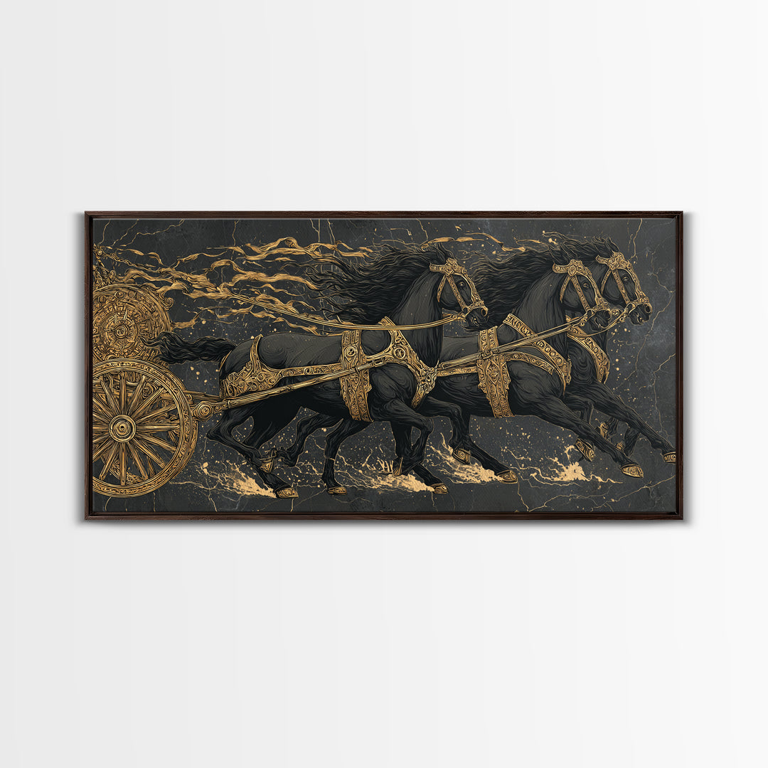 Viking War Chariot Canvas Gold Art, Nordic Mythology Canvas Art Print, Norse Decor for Office or Man Cave, framed with natural wood
