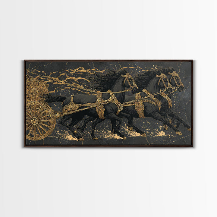 Viking War Chariot Canvas Gold Art, Nordic Mythology Canvas Art Print, Norse Decor for Office or Man Cave, framed with natural wood