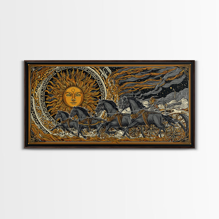Sun Chariot of Sol Canvas Gold Art, Norse Mythology Canvas Art Wall Hanging, Viking Decor for Dad Gift, framed in authentic wood