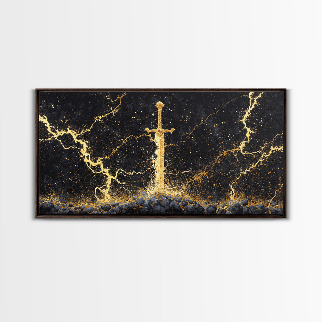 Excalibur Sword Canvas Gold Art, Norse Inspired Canvas Art Wall Decor, Mythology Office Art with wood frame, gift for men’s man cave