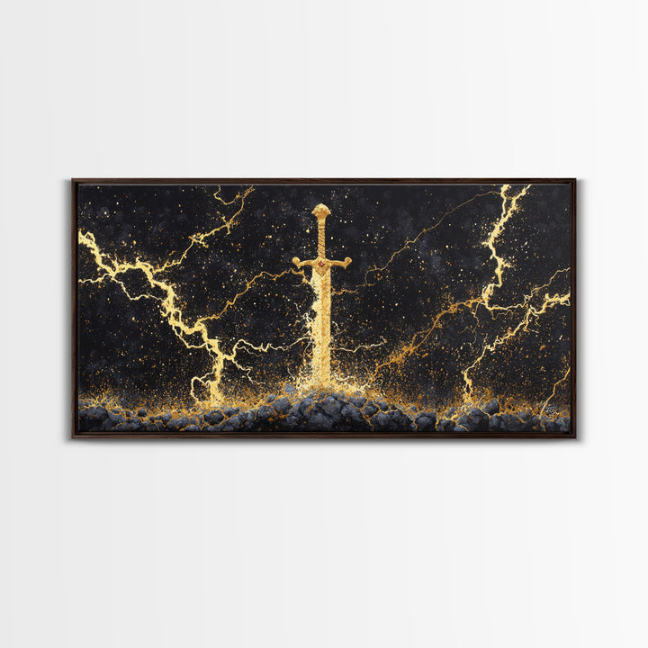 Excalibur Sword Canvas Gold Art, Norse Inspired Canvas Art Wall Decor, Mythology Office Art with wood frame, gift for men’s man cave