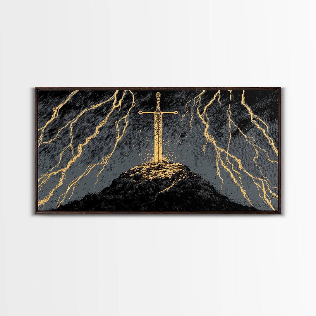 Storm Sword Canvas Gold Art, Nordic Mythology Canvas Art Print, Viking Office Wall Art framed in real wood, masculine gift idea