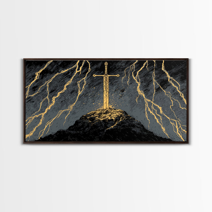 Storm Sword Canvas Gold Art, Nordic Mythology Canvas Art Print, Viking Office Wall Art framed in real wood, masculine gift idea