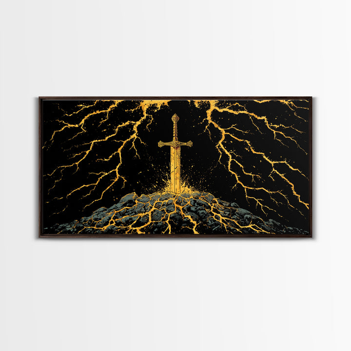 Lightning Sword Canvas Gold Art, Norse Mythology Canvas Art Wall Decor, Viking Warrior Office Art with natural wood frame, dad gift