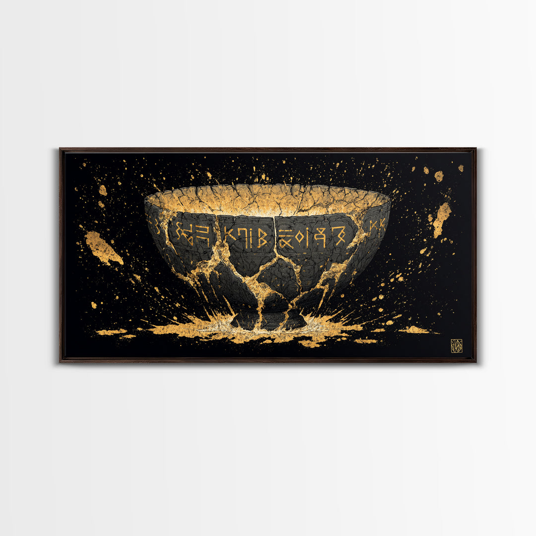 Viking Rune Bowl Canvas Gold Art, Nordic Mythology Canvas Art with Real Wood Frame, Unique Office Wall Decor, Man Cave Gift