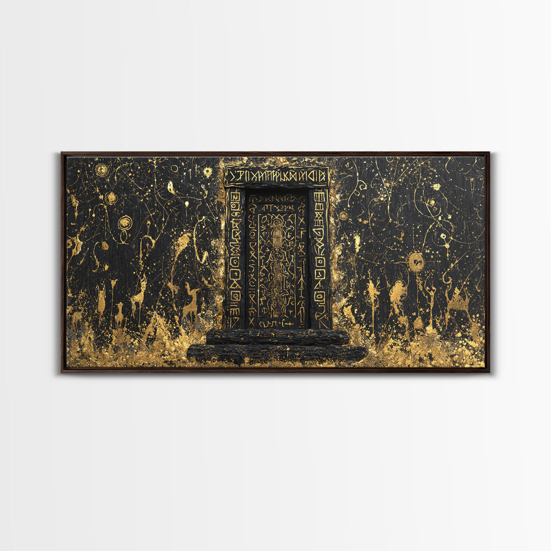 Runestone Doorway Canvas Gold Art, Nordic Mythology Inspired Canvas Art, Pagan Viking Office Decor Framed in Real Wood