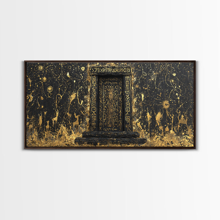Runestone Doorway Canvas Gold Art, Nordic Mythology Inspired Canvas Art, Pagan Viking Office Decor Framed in Real Wood