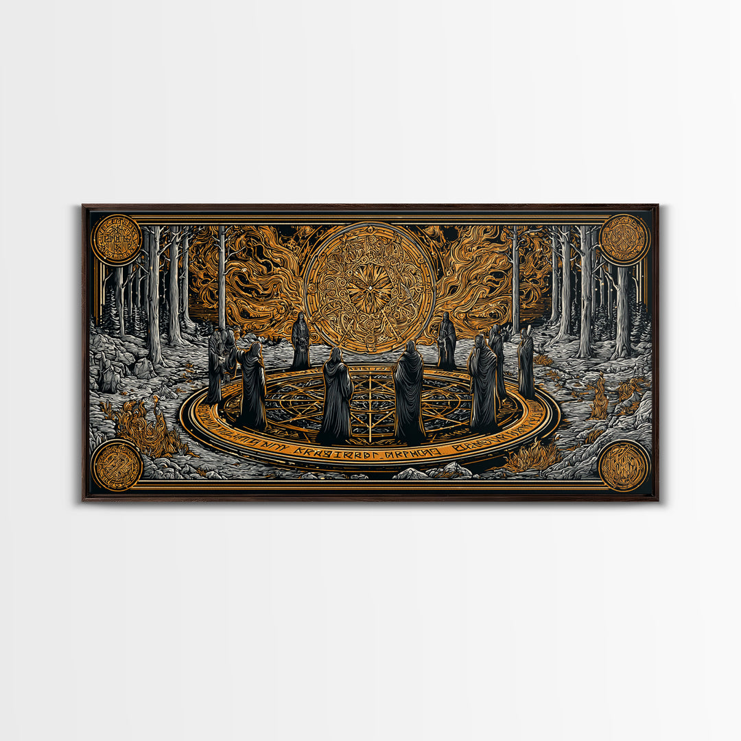 Nordic Ritual Circle Canvas Gold Art, Mythology Inspired Canvas Art, Mystical Office Wall Decor with Real Wood Framing