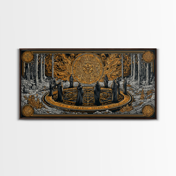 Nordic Ritual Circle Canvas Gold Art, Mythology Inspired Canvas Art, Mystical Office Wall Decor with Real Wood Framing