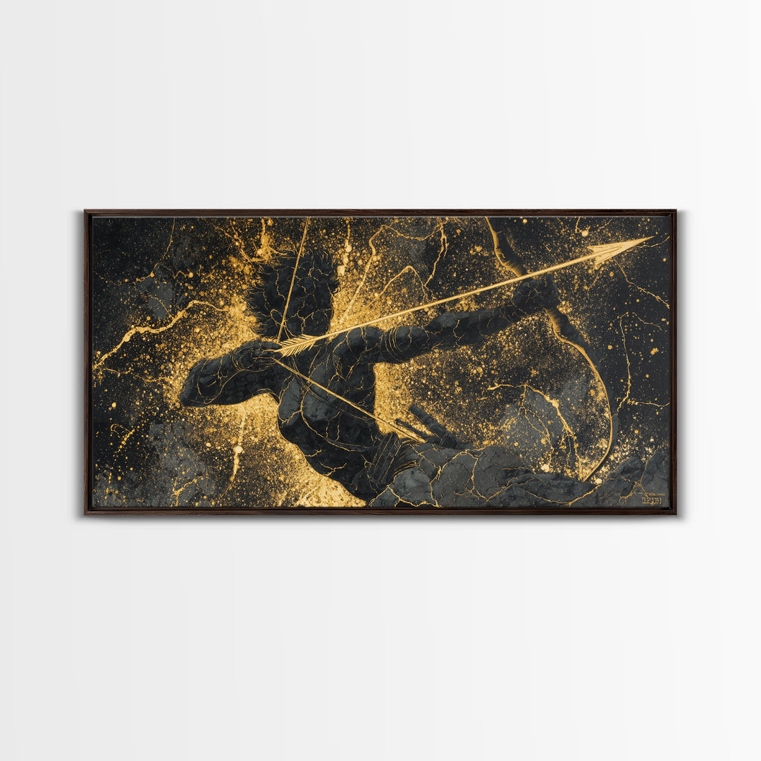 Archer Warrior Canvas Gold Art, Nordic Mythology Canvas Art for Office Wall, Unique Man Cave Decor, Real Wood Frame Gift