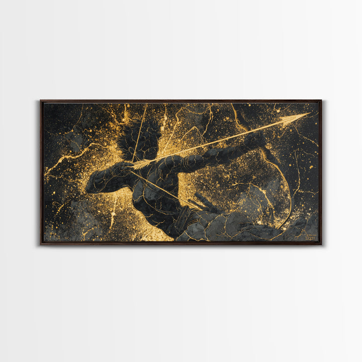 Archer Warrior Canvas Gold Art, Nordic Mythology Canvas Art for Office Wall, Unique Man Cave Decor, Real Wood Frame Gift