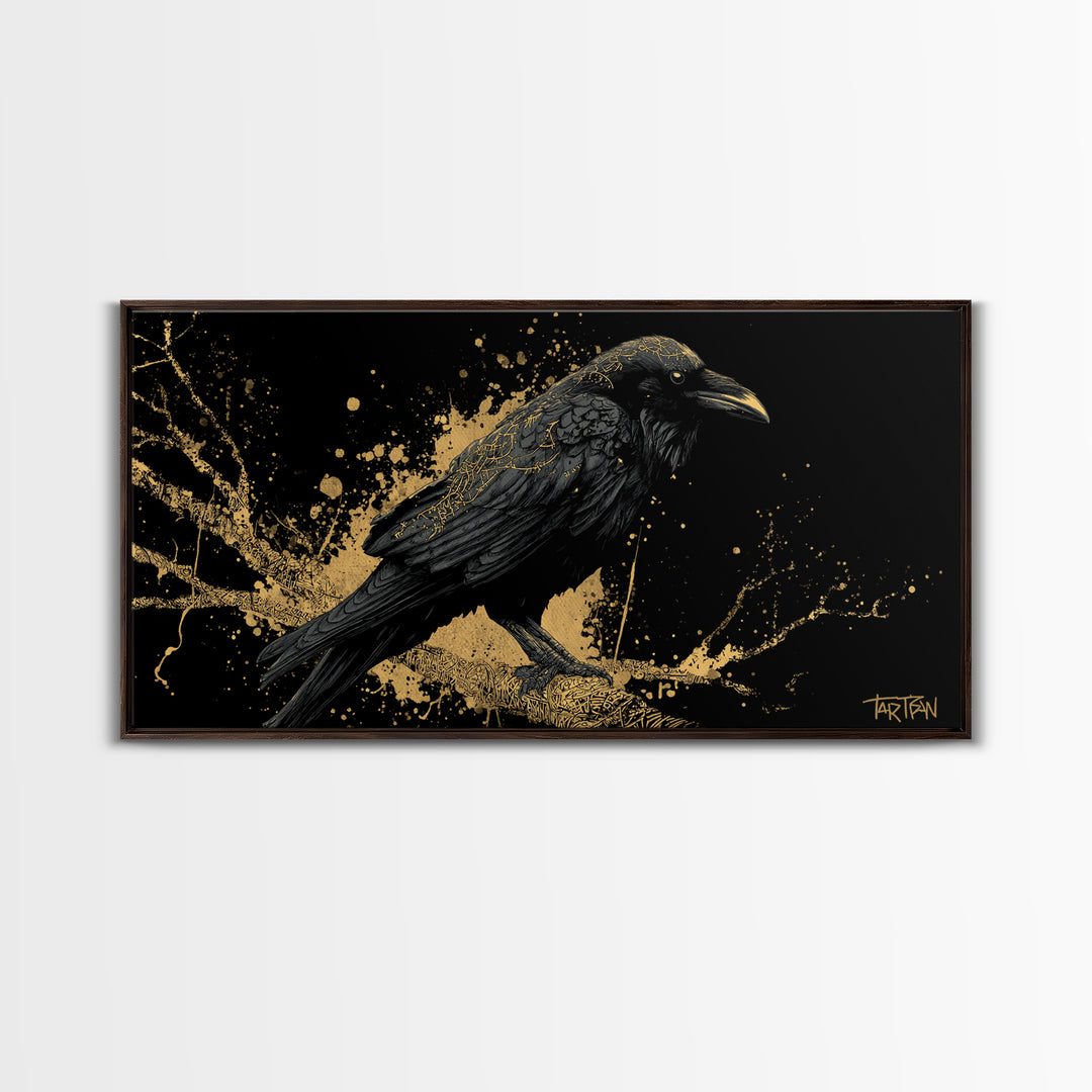 Viking Raven Canvas Gold Art Canvas Art Norse Wall Decor with Real Wood Frame, Nordic Mythology Office or Dad Gift Artwork