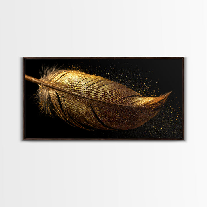Golden Feather Canvas Gold Art, Norse Mythology Inspired Canvas Art, Viking Decor for Office or Study, Framed in Real Wood