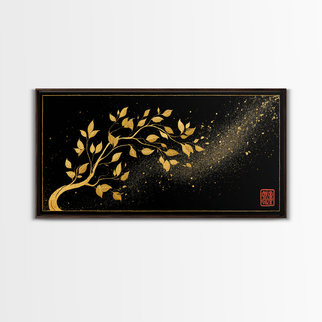 Yggdrasil Tree Canvas Gold Art, Nordic Mythology Inspired Canvas Art with Natural Wood Frame, Pagan Office Decor, Man Gift