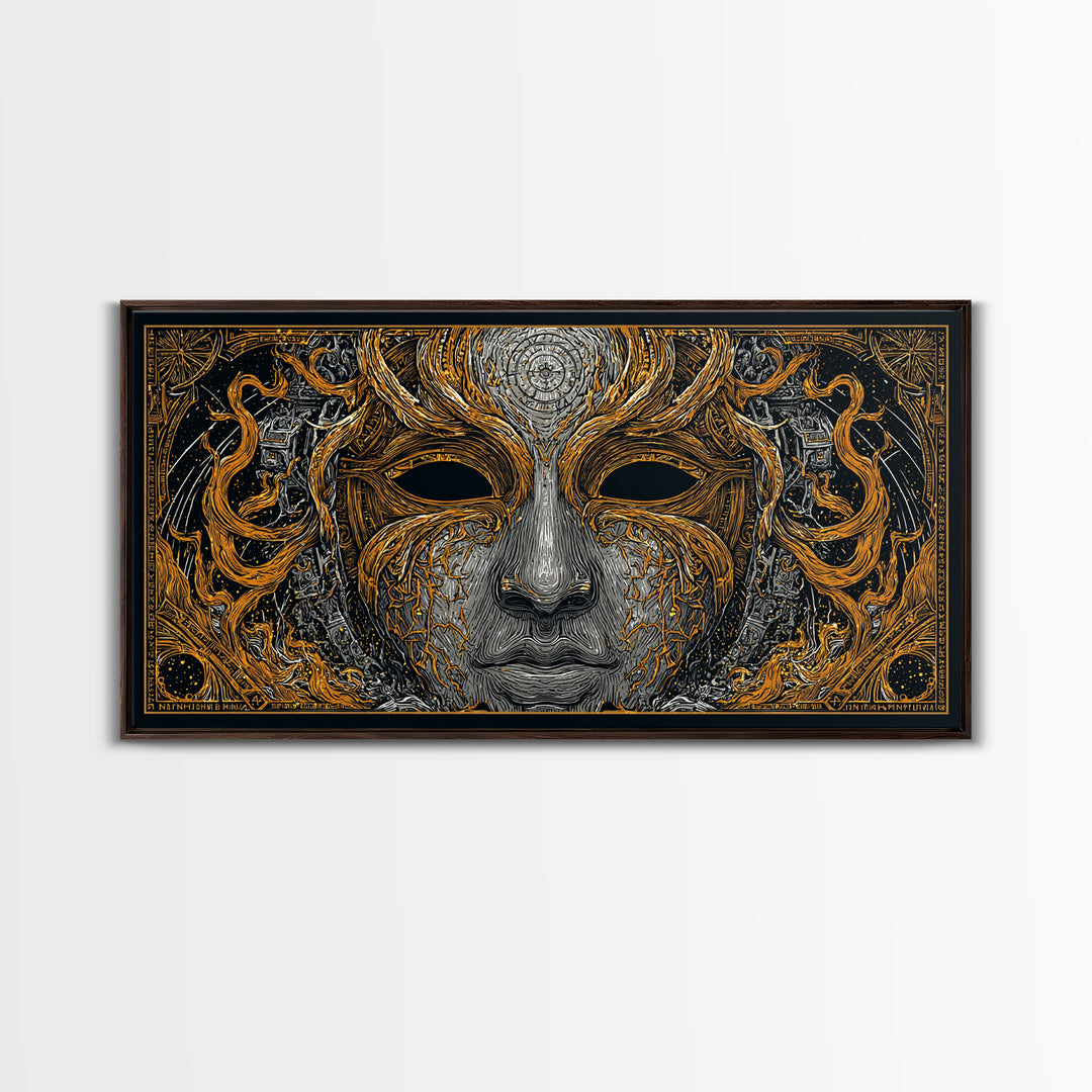 Odin’s Face Canvas Gold Art, Norse Mythology Inspired Canvas Art, Nordic Office Decor Framed in Natural Wood for Man Cave