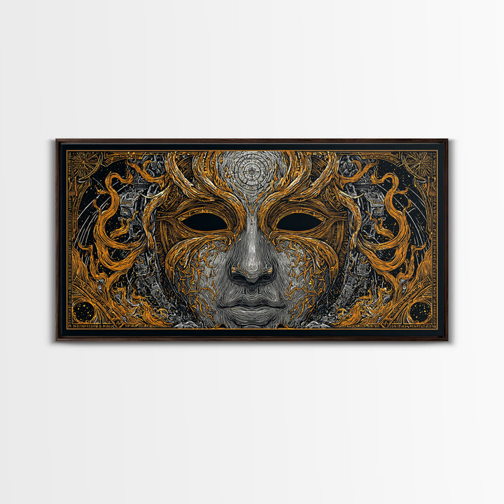 Odin’s Face Canvas Gold Art, Norse Mythology Inspired Canvas Art, Nordic Office Decor Framed in Natural Wood for Man Cave