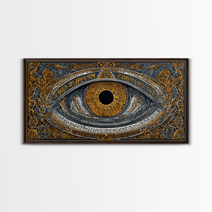 Odin’s Eye Canvas Gold Art Nordic Canvas Art Norse Mythology Wall Decor framed in natural wood, Man Cave Gift, Office Art