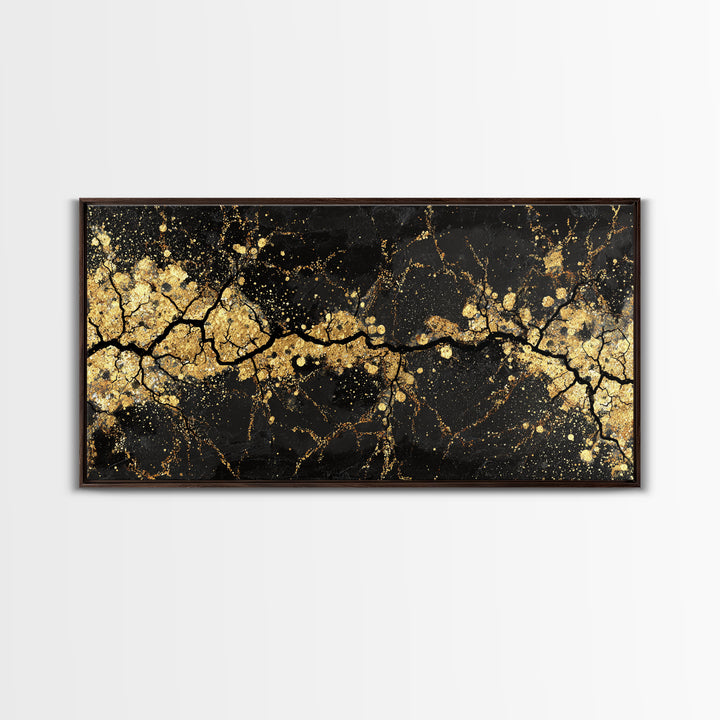 Cracked Stone Canvas Gold Art Nordic Canvas Art Norse Abstract Wall Decor in real wood frame, Man Cave Gift, Office Accent
