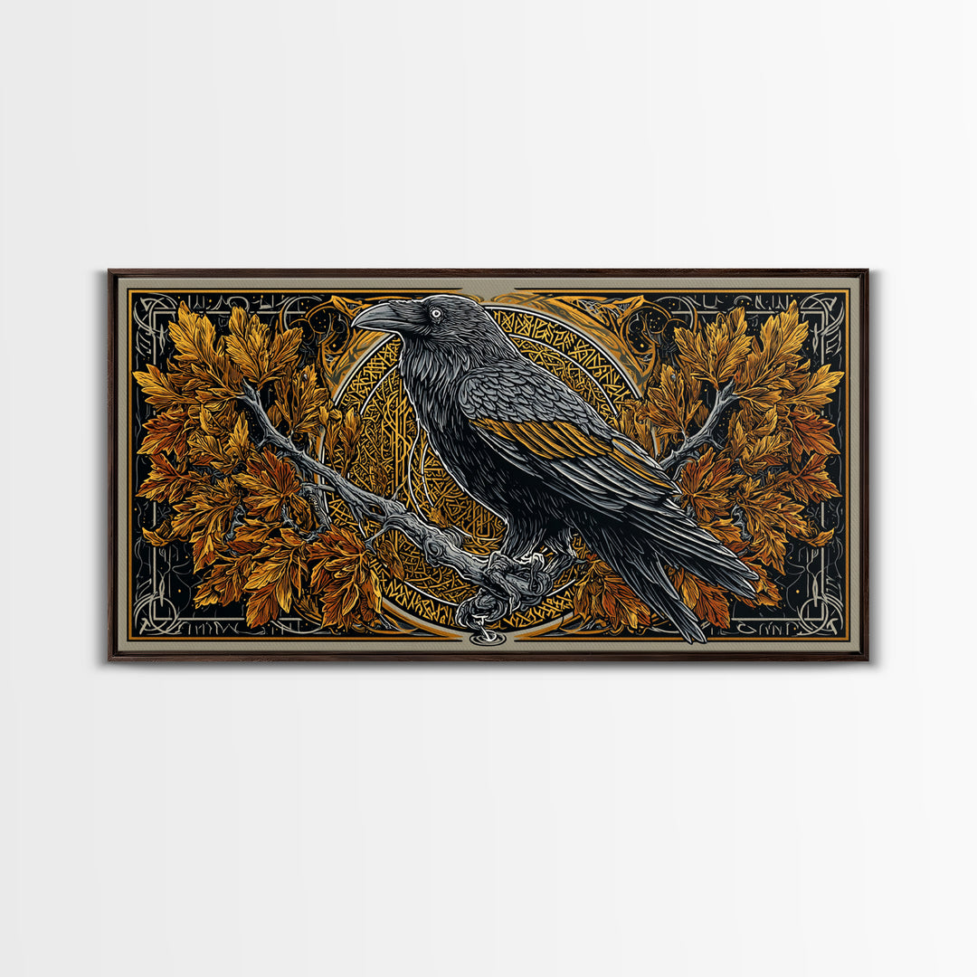 Norse Raven Perched Canvas Gold Art Canvas Art with Runes and Autumn Leaves, Framed in Real Wood, Viking Office or Man Cave