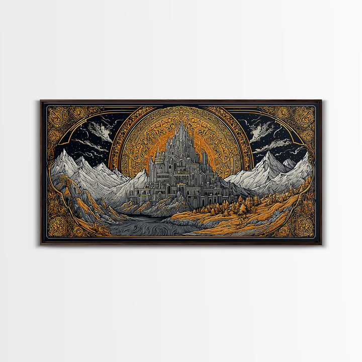 Asgard Fortress Canvas Gold Art Norse Mythology Canvas Art Nordic Wall Hanging framed in natural wood, Viking Decor Office