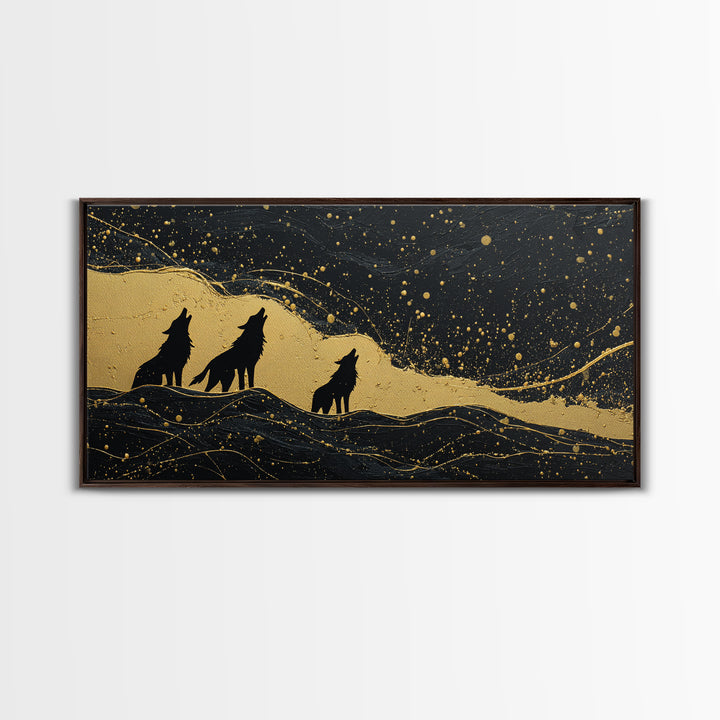 Howling Wolves Canvas Gold Art Norse Canvas Art Nordic Mythology Wall Decor with real wood frame, Man Cave Accent, Office Art