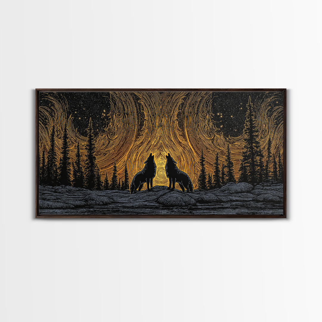 Fenrir Wolves Canvas Gold Art Norse Mythology Canvas Art Nordic Wall Hanging framed in wood, Dad Gift, Viking Decor for Office