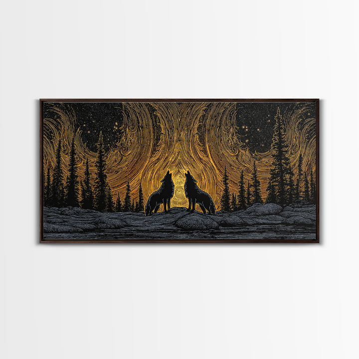 Fenrir Wolves Canvas Gold Art Norse Mythology Canvas Art Nordic Wall Hanging framed in wood, Dad Gift, Viking Decor for Office