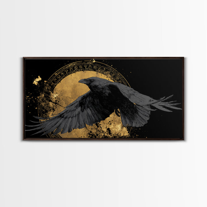 Raven of Odin Canvas Gold Art Norse Mythology Canvas Art Nordic Wall Decor framed in real wood, Man Cave Viking Office Gift