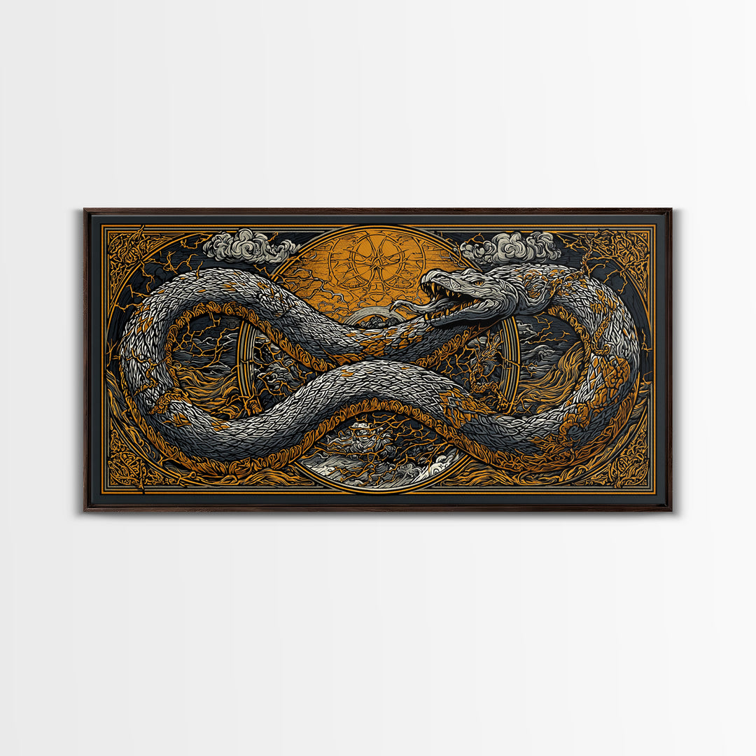 Midgard Serpent Canvas Gold Art Norse Mythology Canvas Art Nordic Wall Hanging framed in natural wood, Office Accent, Dad Gift