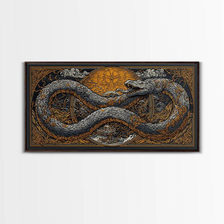 Midgard Serpent Canvas Gold Art Norse Mythology Canvas Art Nordic Wall Hanging framed in natural wood, Office Accent, Dad Gift