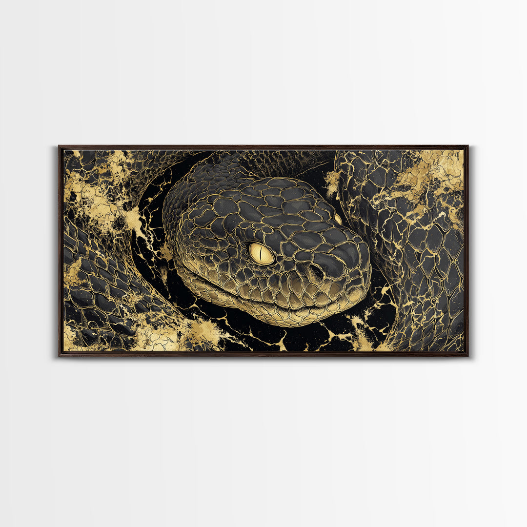 Viking Serpent Jormungandr Canvas Gold Art Canvas Art Norse Mythology Wall Decor for Man Cave or Office framed in natural wood