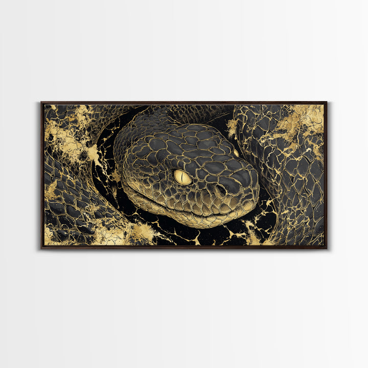 Viking Serpent Jormungandr Canvas Gold Art Canvas Art Norse Mythology Wall Decor for Man Cave or Office framed in natural wood
