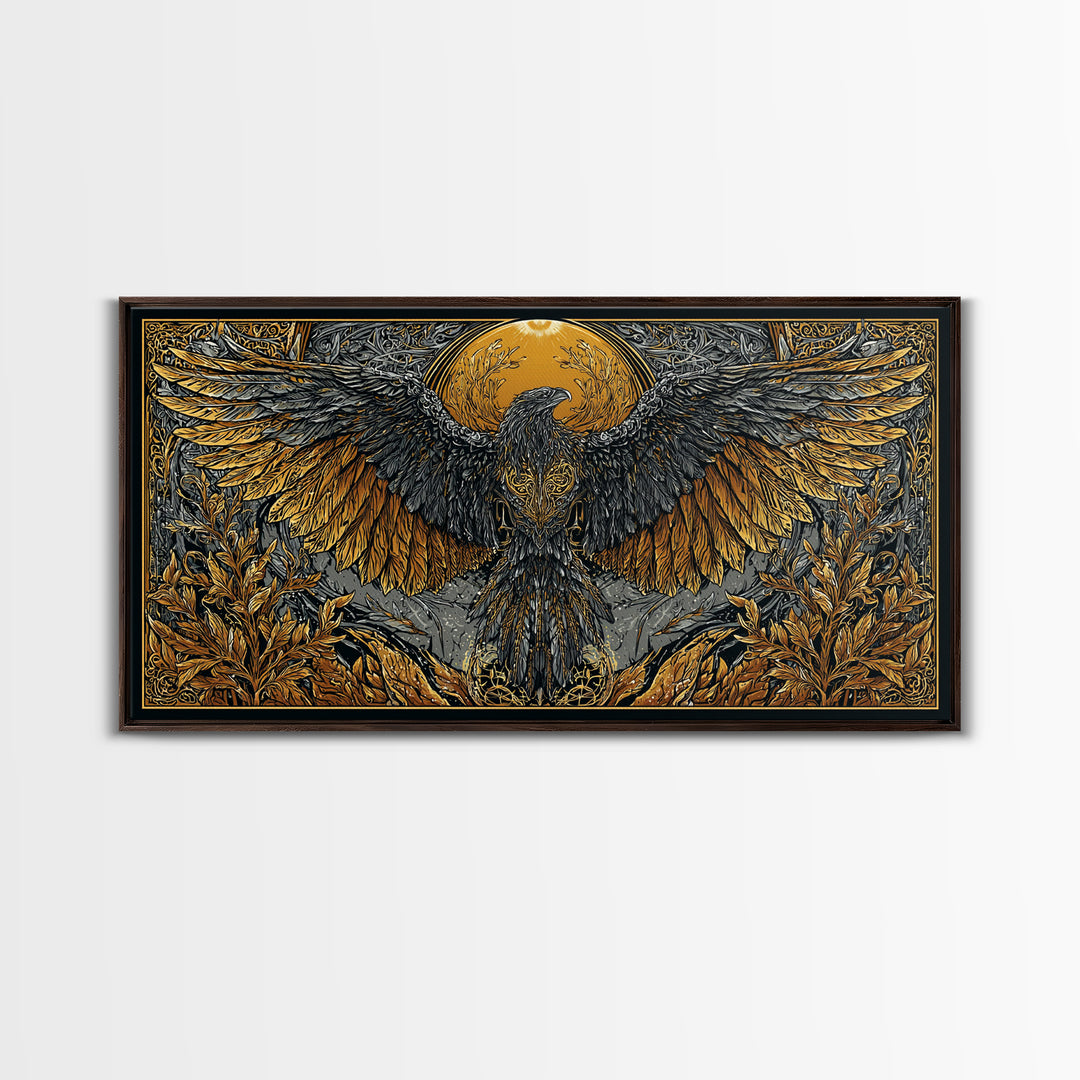 Valkyrie Eagle Canvas Gold Art Canvas Art Norse Wall Hanging with Spreading Wings, Natural Wood Frame, Nordic Mythology Gift