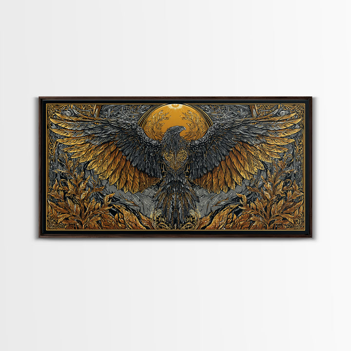 Valkyrie Eagle Canvas Gold Art Canvas Art Norse Wall Hanging with Spreading Wings, Natural Wood Frame, Nordic Mythology Gift