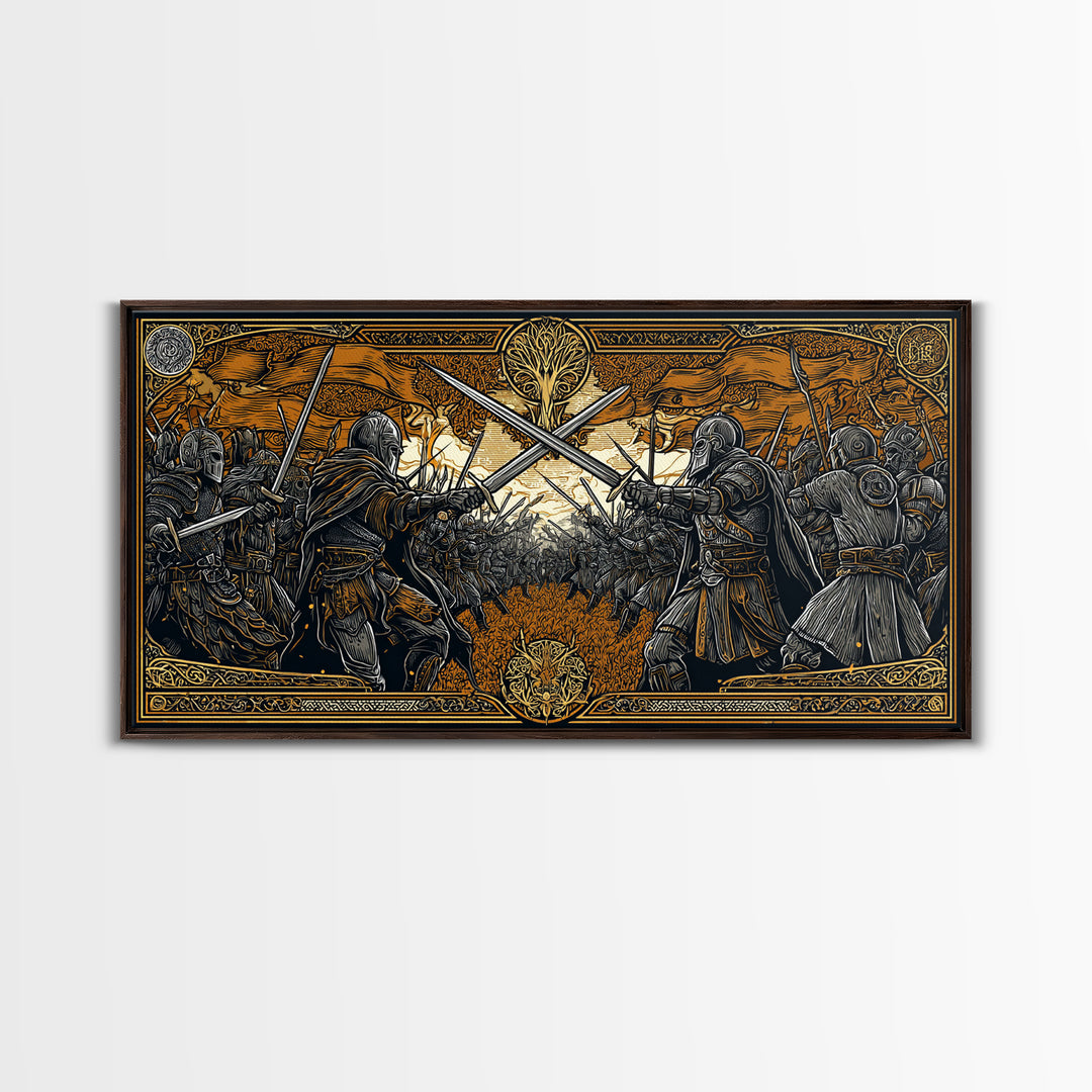 Viking Battle Canvas Gold Art Canvas Art Norse Warriors Mythology Wall Decor Office Art Man Cave Gift framed in natural wood