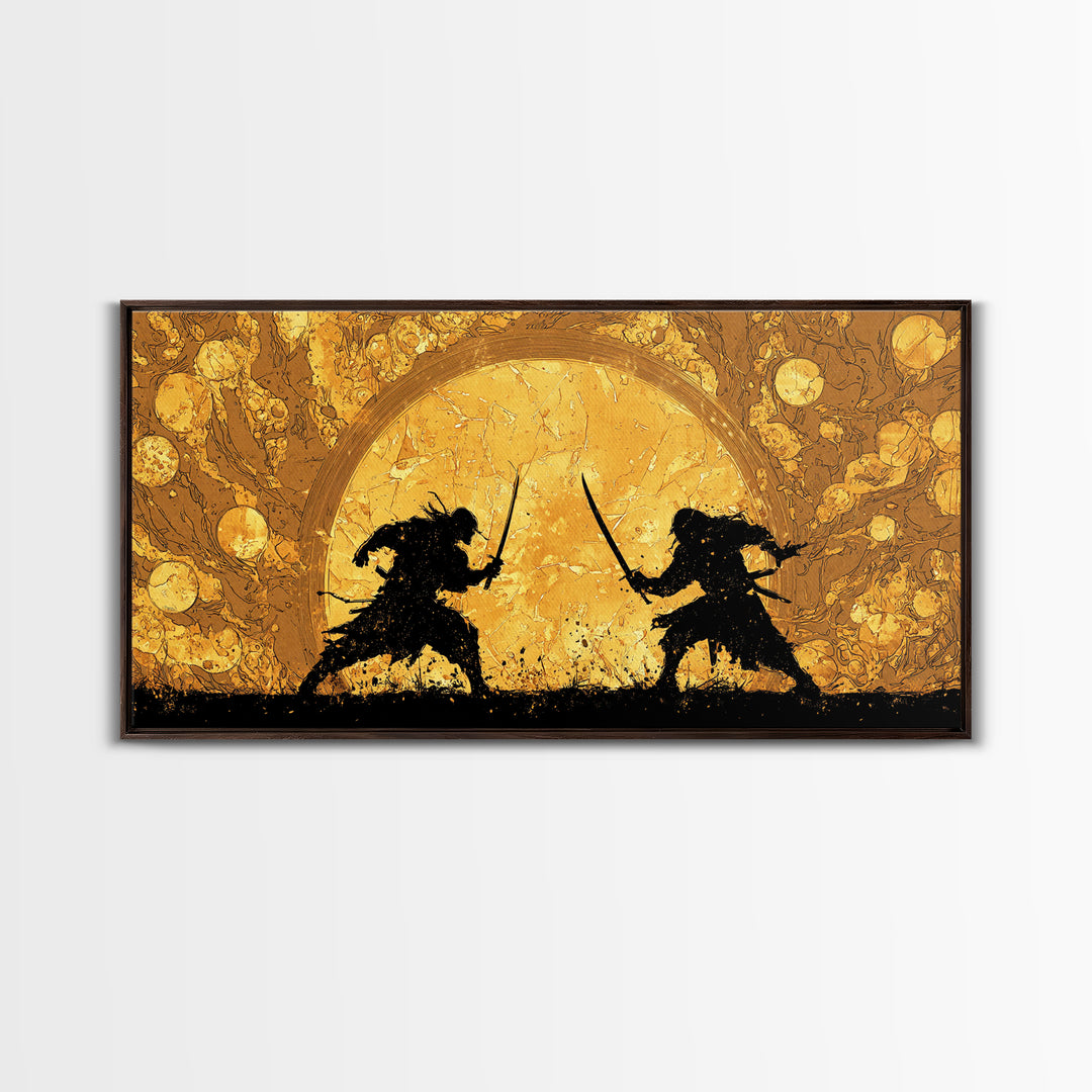 Samurai Duel Canvas Gold Art Canvas Art Norse Inspired Epic Warrior Wall Art Man Cave Decor Office Gift framed in real wood