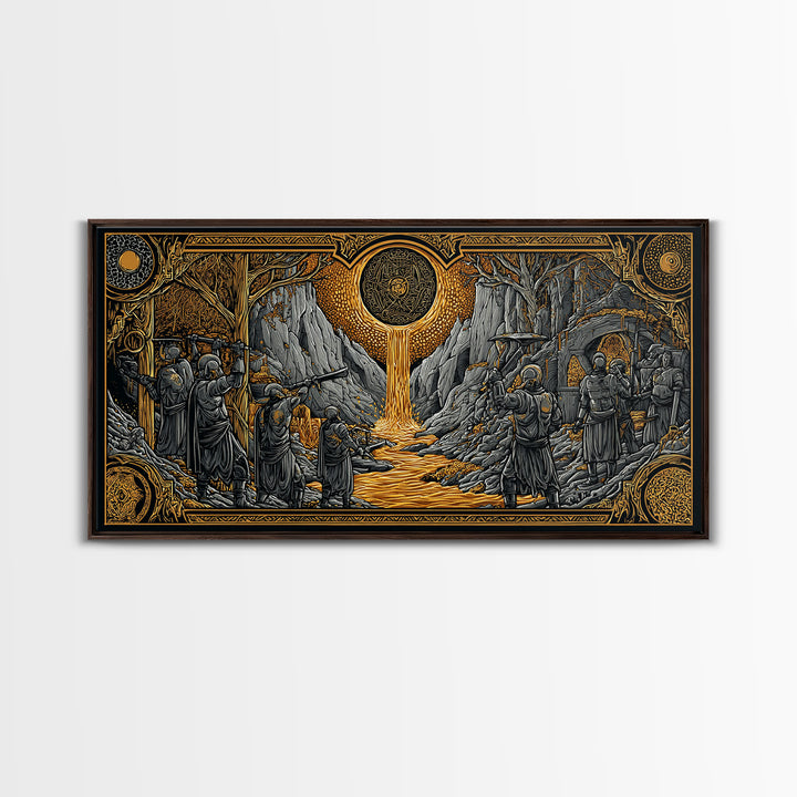 Dwarves Forging Canvas Gold Art Canvas Art Norse Mythology Viking Blacksmiths Wall Decor Office or Man Cave framed in wood