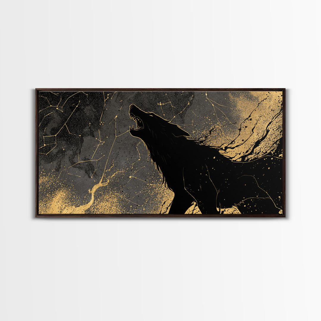 Fenrir Wolf Canvas Gold Art Canvas Art Norse Mythology Beast Viking Wall Decor Dad Gift Office Art framed in real wood frame
