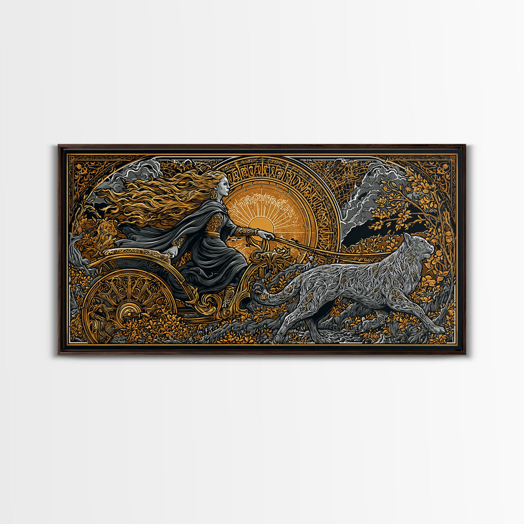 Freyja Canvas Gold Art Canvas Art Norse Goddess Viking Mythology Wall Decor Man Cave or Office Art framed in natural wood